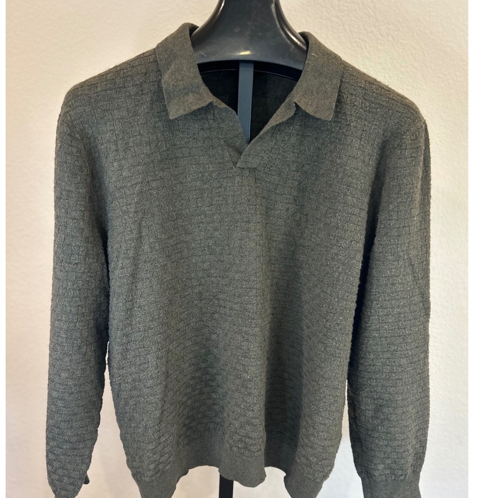 TAHARI Men's Textured Knit‎ Polo Sweater Dark Gray Long Sleeve Size L